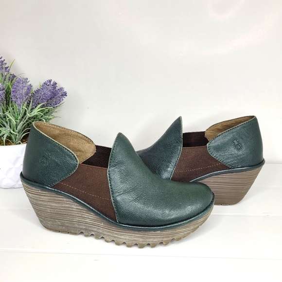 Fly London Yua Green Leather Platform Wedges 38 - Picture 4 of 9